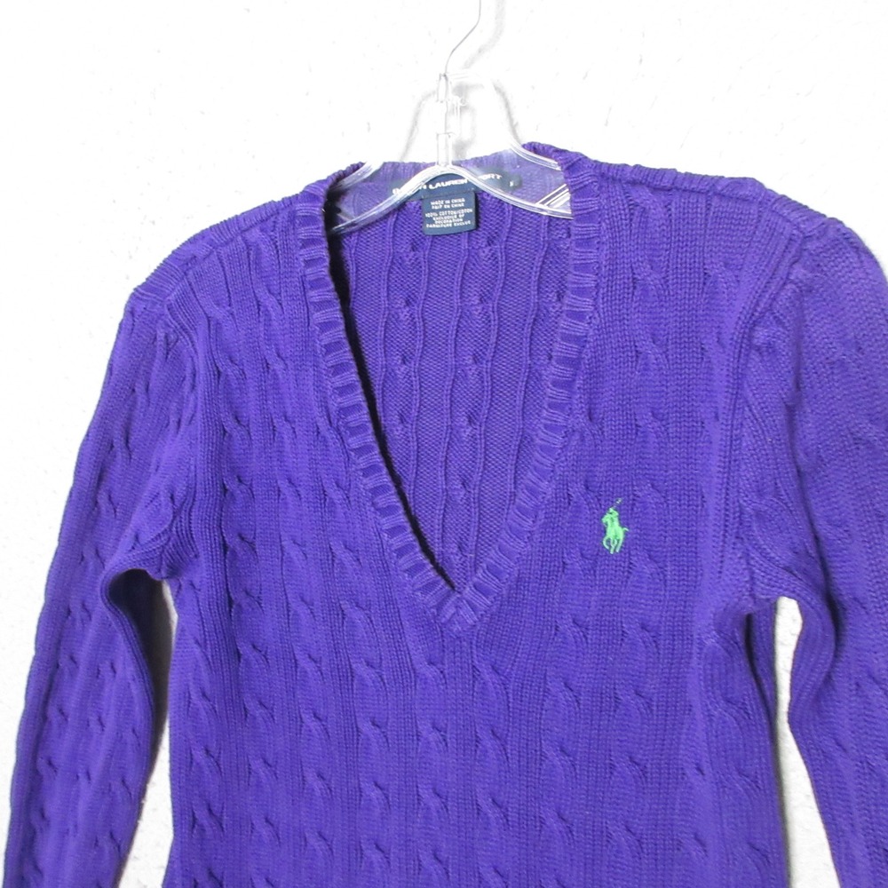 Ralph Lauren Sport Sweater Purple Cable Knit Pony Logo Preppy Old Money 90s Y2K